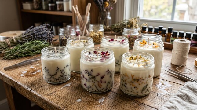 Close up jars of botanical soy candles with dried flowers and herbs setting on wooden workbench near window in artisan studio