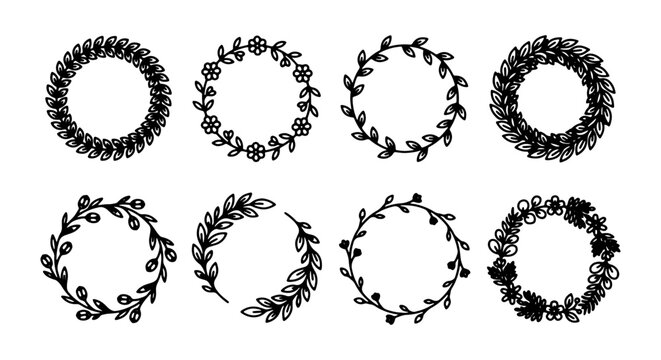 Hand-drawn Floral Wreaths, Botanical Circles, Decorative Frames, Vector Elements for Design