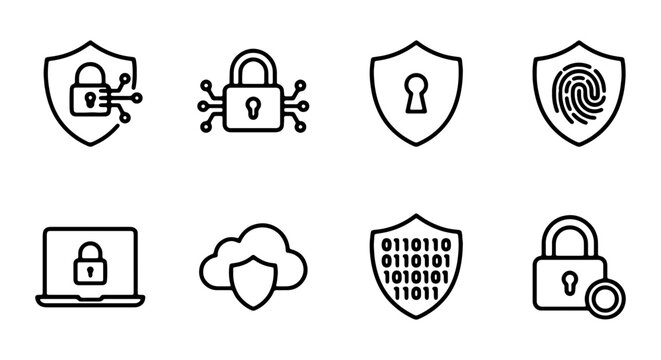 Cybersecurity Icons Set: Digital Lock, Shield, Fingerprint, Cloud, Binary Code, Laptop Security, Data Protection, Network Access
