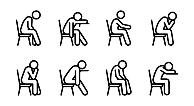 Boredom and Fatigue Stick Figure Icons, Set of 8, Representing Lethargy, Exhaustion, and Disinterest in Office or Study Settings