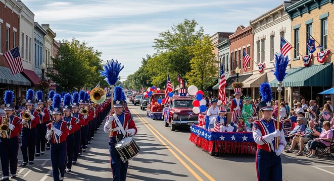 Patriotic parade on a sunny day with marching band and float