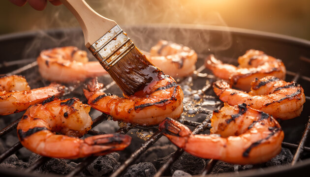Close-up of juicy shrimp grilling on a hot barbecue over glowing coals, brushed with savory red marinade, with warm sunlight and smoke creating an appetizing outdoor cooking atmosphere