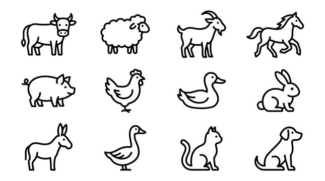 Various farm and domestic animals icons.