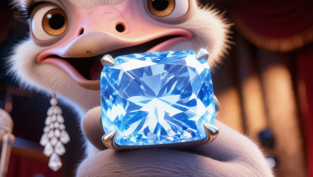 A huge diamond ring on an ostrich, cartoon, cartoon bird, jewelry