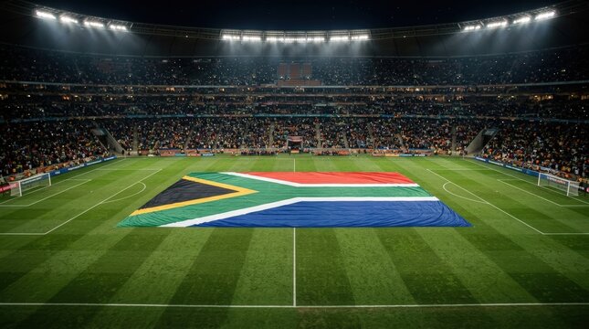 South African flag displayed across illuminated football stadium at night