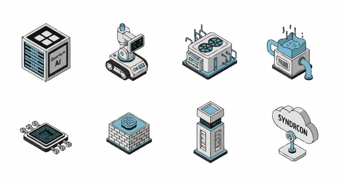 Isometric illustration of various technological devices and cloud computing symbols.