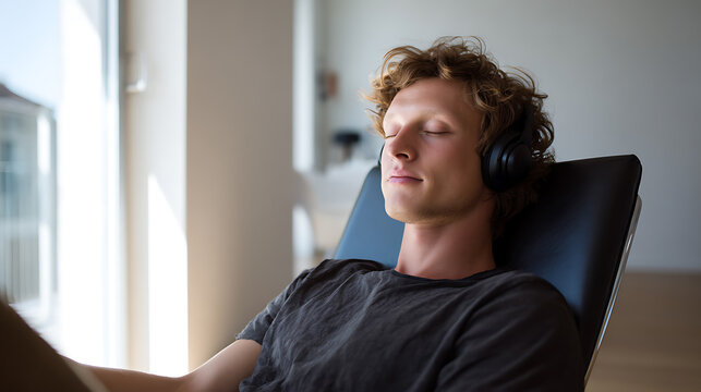 Relaxed young man with closed eyes wear headphone listen music podcast audiobook meditate indoor at home feel peace tranquil leisure