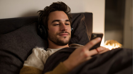 Obraz premium Relaxed young man listen to music or podcast with headphones, use mobile phone in cozy comfort. Serene indoor moments, digital connection