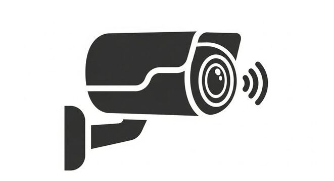 A flat design illustration of a security camera with a minimalistic silhouette