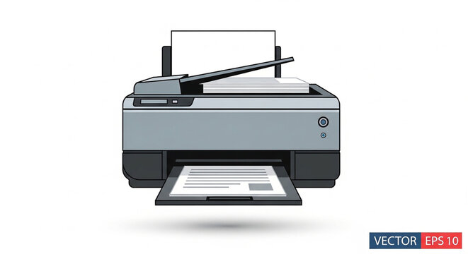 A flat design illustration of a printer with paper coming out of the tray