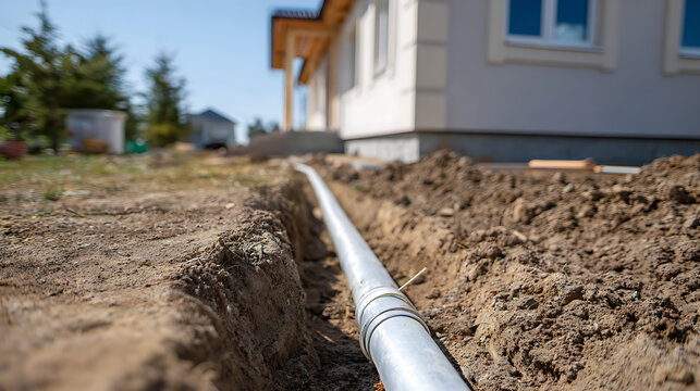 Underground utility pipe for water or electricity installation in a newly constructed home's yard, showing trench with soil and building