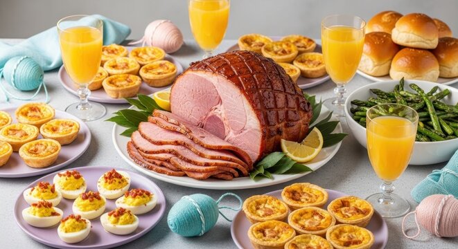 Festive Easter Ham Feast with Mini Tarts and Deviled Eggs