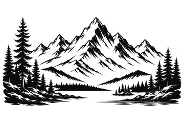 Fototapeta premium Majestic mountain range with pine trees and a serene lake in a striking black and white illustration