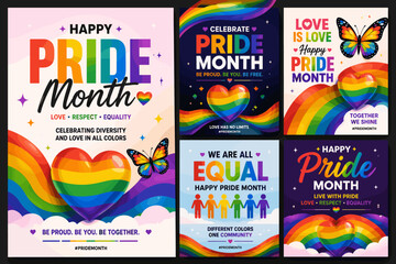 Fototapeta premium Happy Pride Month celebrating diversity, love, and equality with rainbow hearts and butterflies