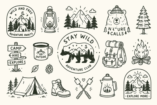 Vintage outdoor adventure icons and badges for camping and hiking