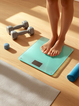 Woman standing barefoot on a modern turquoise glass weight scale on a wooden floor surrounded by dumbbells and a yoga mat in a sunlit room