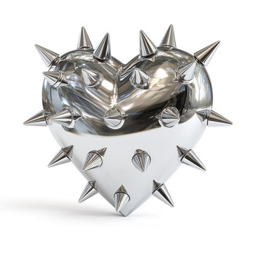 Glossy metallic heart covered with sharp silver spikes on a white background. Conceptual design of painful love, strong protection, heavy metal style or toxic relationship
