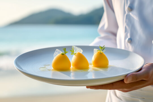 Chef holding a plate of mango sorbet dessert garnished with mint leaves and tuile lace on a tropical beach background with ocean view