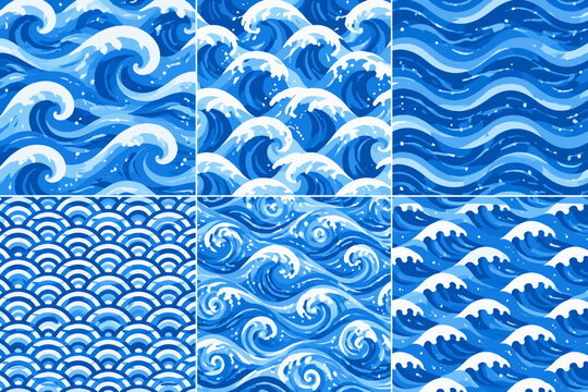 Seamless patterns of dynamic blue ocean waves and traditional Japanese sea motifs