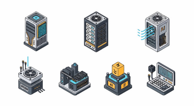 Isometric pixel art illustration of various computer server towers and devices.