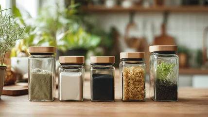 Row of five glass kitchen spice jars with wooden lids containing different dry ingredients standing on a wooden tabletop with blurred background © halcon1