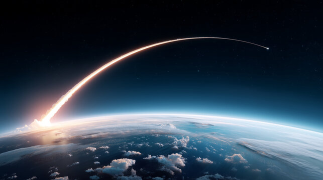 Rocket launch from Earth horizon with bright light trail in deep space, aerospace technology, orbital mission, future innovation and space exploration concept. rocket launch, Earth