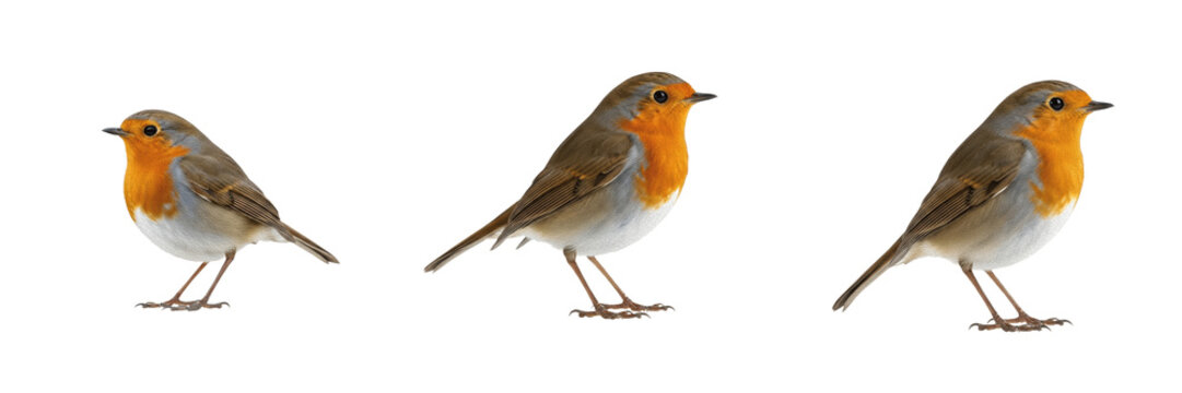 Beautiful European Robin Bird Small Songbird Standing Set Isolated on Transparent Background, Woodland Wildlife PNG Collection