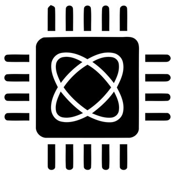 Minimalist black and white vector illustration of a computer processor chip showing a central abstract atom symbol for advanced science and technology concepts