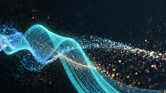 Glowing blue light trail helix in dark space.