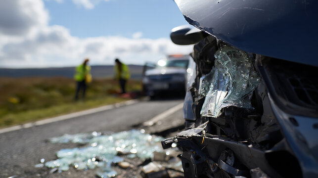 Close-up view of a severely damaged car front after a road traffic accident, with shattered glass on the asphalt and distant figures