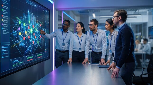 Professional team analyzing smart city power grid data on large interactive digital wall