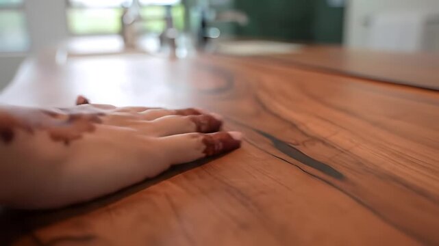 Hand with intricate henna tattoo resting on a polished wooden table.