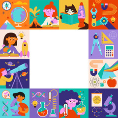 Fototapeta premium STEM education frame template with kids science illustrations. Summer camp and online learning activities. Colorful vector cartoon background
