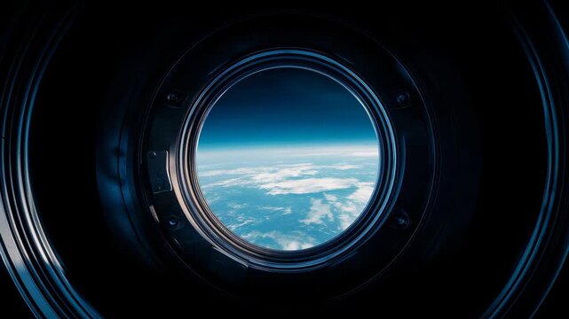 View of blue Earth through round airplane or spacecraft window, atmospheric horizon, clouds, space exploration, travel, aviation and planet concept. blue Earth, round window, airp
