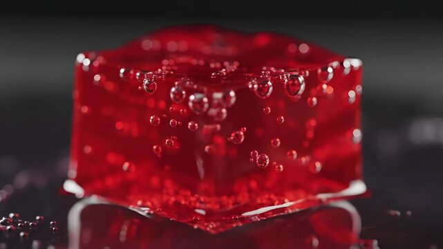Close up of a red jelly cube with bubbles.