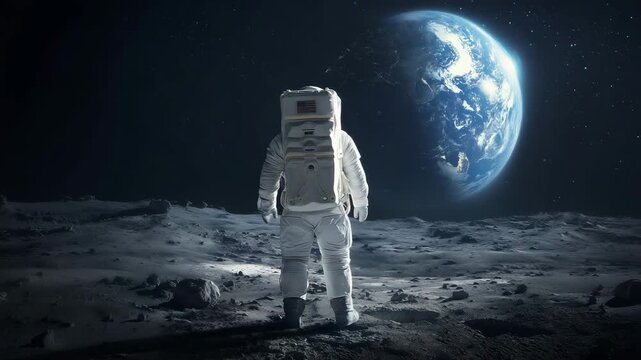 Lone astronaut exploring lunar landscape with Earth rising in background, moon mission, aerospace technology, space science and human discovery concept. lone astronaut, lunar lands