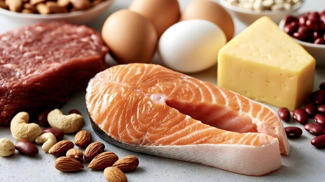 Variety of protein rich foodssalmon, beef, eggs, cheese, almonds, cashews, kidney and white beansarranged overhead to showcase balanced, whole food nutrition for fitness and energy