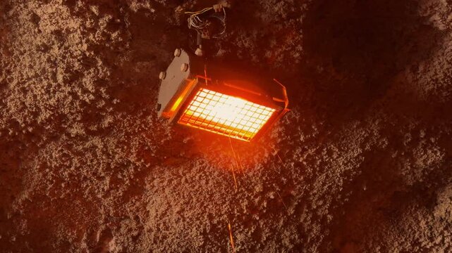 Red glowing lantern hanging on a damp stone tunnel wall with water droplets dripping down the rough surface in a dark underground setting