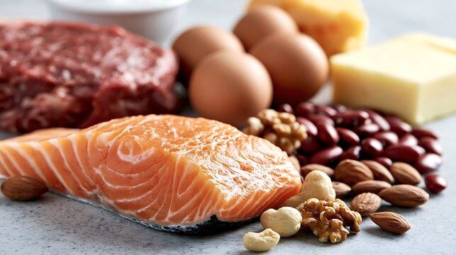 Various high protein food items, including fresh salmon, raw beef steak, eggs, cheese, kidney beans, walnuts, almonds, and cashews, displaying ingredients for a balanced and healthy diet