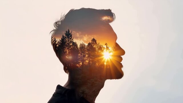 Artistic male profile with nature double exposure at sunset, peaceful thoughts, emotional wellness, creativity, human consciousness and mental health concept. male profile, nature