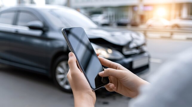 Person holding a smartphone, documenting the damage to their crumpled car after a road collision, initiating an insurance claim and seeking roadside assistance for the vehicle