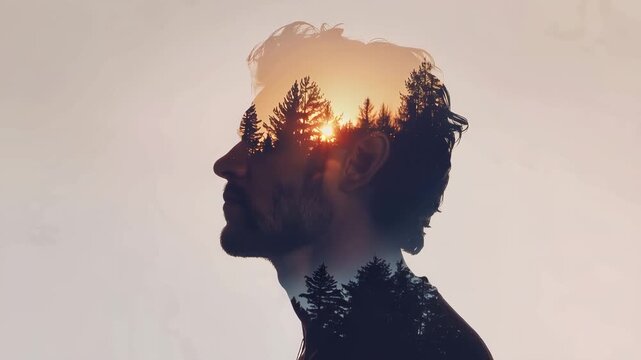 Artistic male profile with nature double exposure at sunset, peaceful thoughts, emotional wellness, creativity, human consciousness and mental health concept. male profile, nature