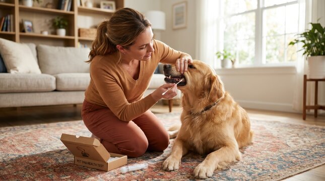 Woman collecting saliva sample from golden retriever using home pet dna health test kit