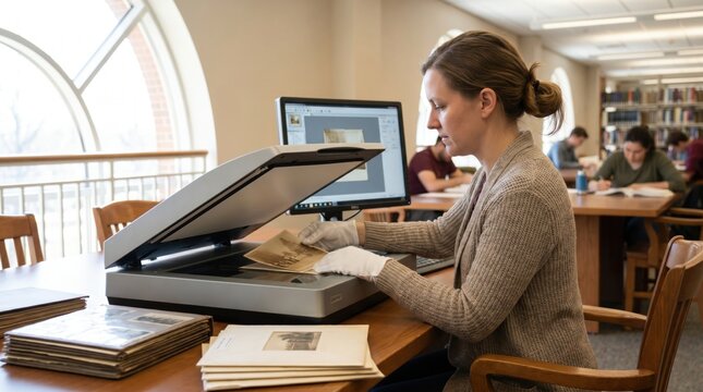 Female archivist using overhead book scanner to digitize historical photographs in library