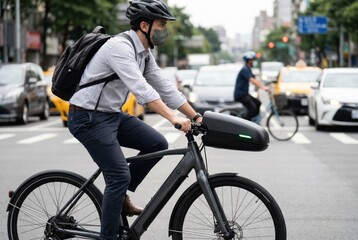 Fototapeta premium Urban commuter riding electric bicycle with aerodynamic smart front cargo battery box in city traffic