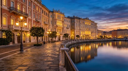 Fototapeta premium Historic waterfront promenade lined with illuminated facades and street lamps reflecting on calm canal at dusk in urban port city