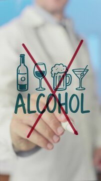 Medical professional drawing a red cross over an alcohol icon on a transparent screen, symbolizing a commitment to sobriety, addiction recovery, and promoting a healthy, alcohol free lifestyle