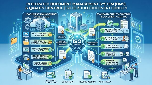 Integrated document management system dms and quality control iso certified concept with digital capture upload and structured storage