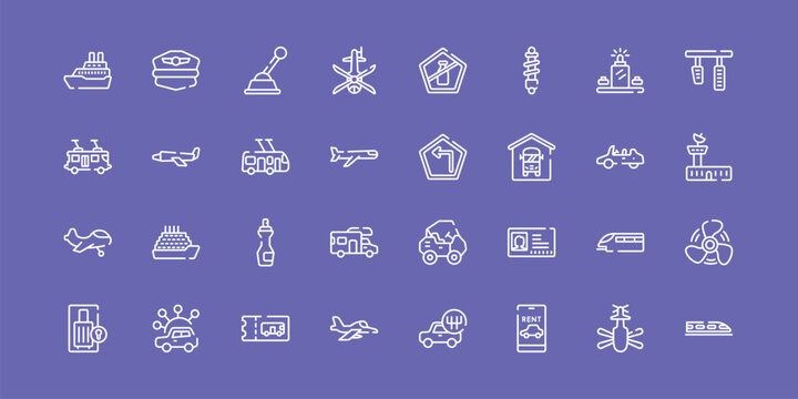 public transportation outline icon set featuring cruise ship, gearshift, left turn, hyperloop icons.