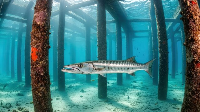 Barracuda swimming under pier pilings in clear blue water with sunbeams